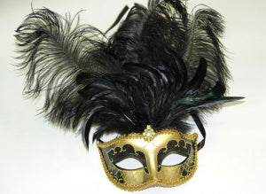 Gold Masquerade Mask with Black Feather and Jewel