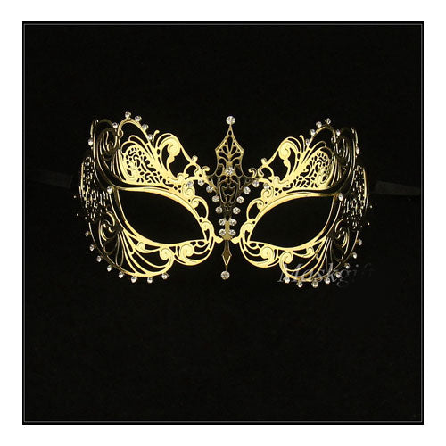 Gold Laser Cut Metal Masquerade Mask with Clear Crystals