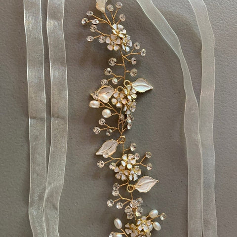 Floral Vintage Crystal Headband Vine Bridal Headpiece with Organza Ribbon Gold or Silver