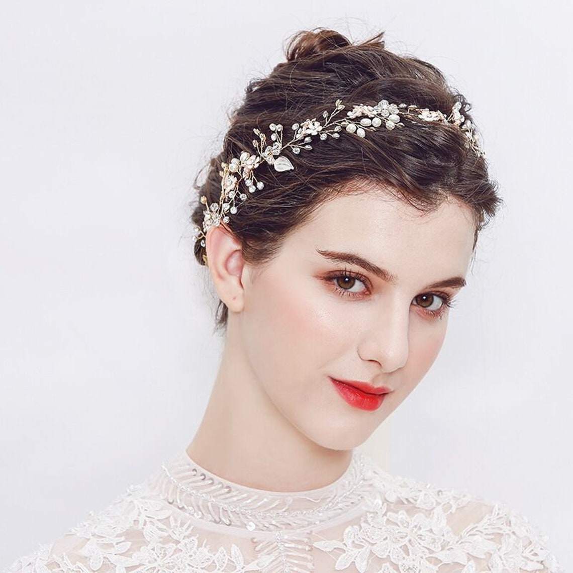 Floral Vintage Crystal Headband Vine Bridal Headpiece with Organza Ribbon Gold or Silver
