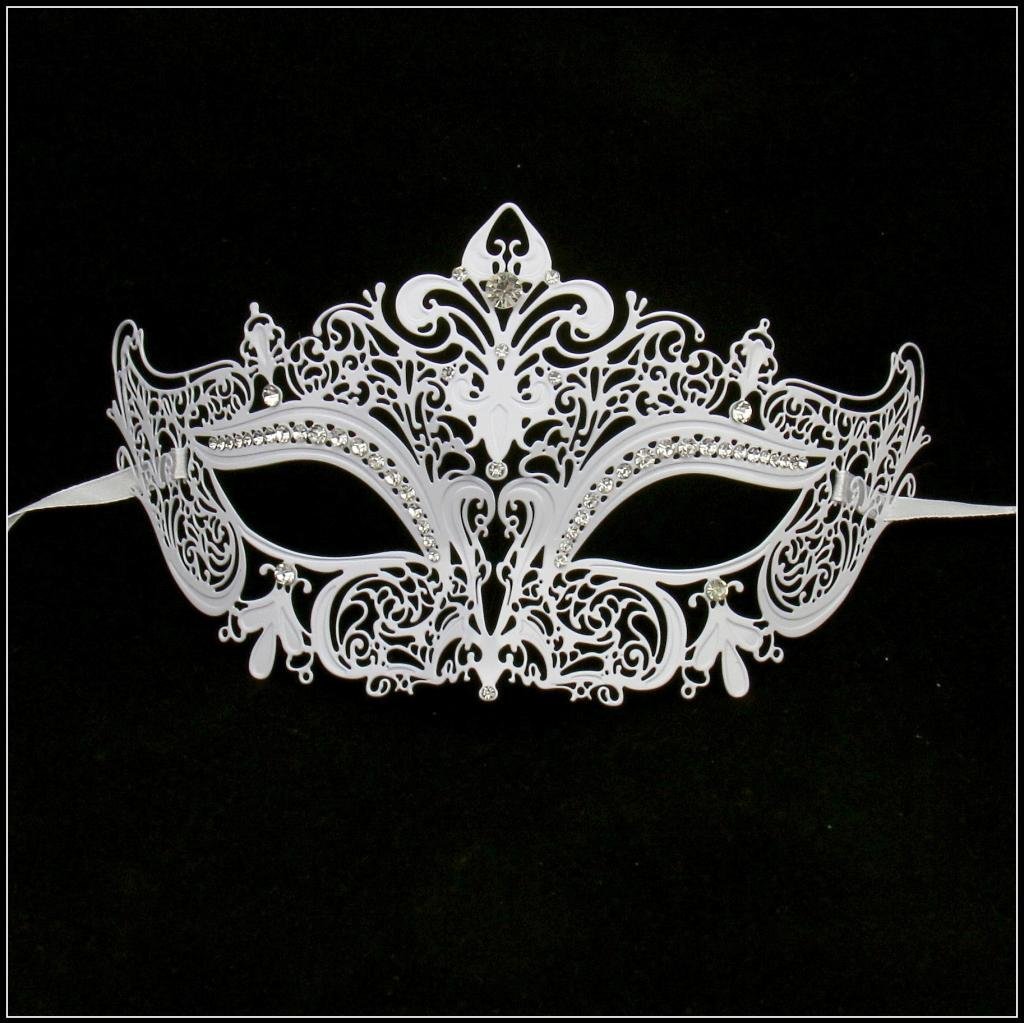 White Metal laser Cut Venetian Masquerade Mask with Diamonds