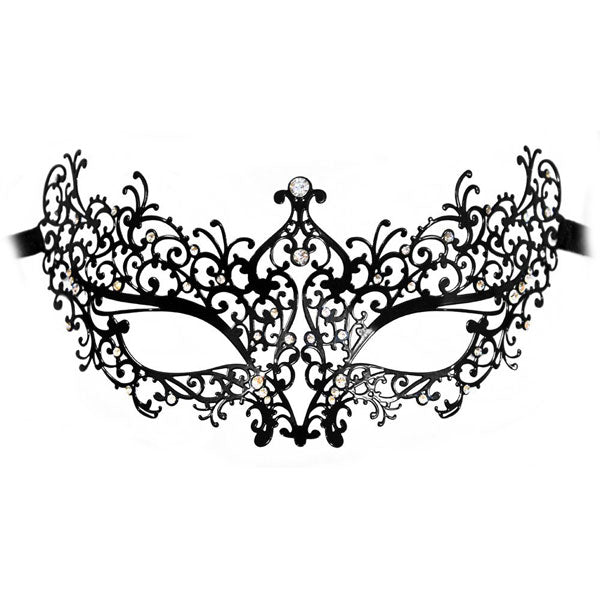 Lady Laser Cut Metal Black Venetian Masquerade Mask with Crystals