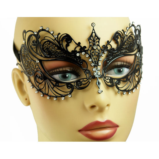 Black Laser Cut Metal Masquerade Mask with Crystals (Clear or Red)
