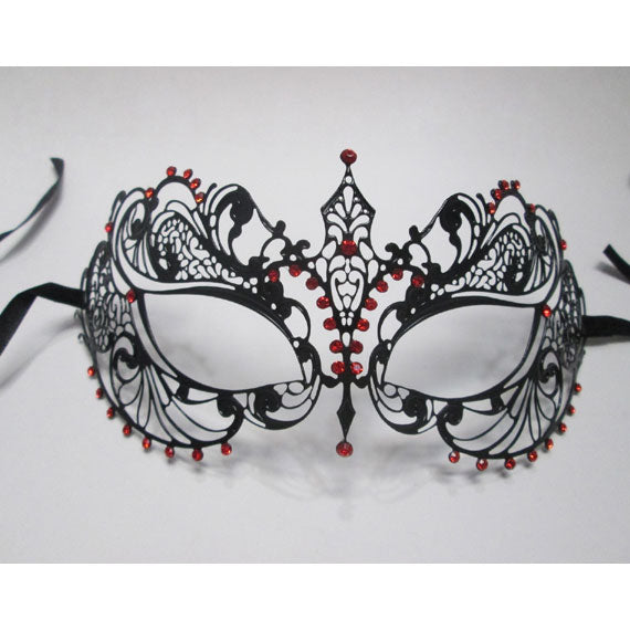 Black Laser Cut Metal Masquerade Mask with Red Crystals