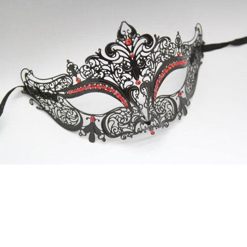 Black Laser Cut Metal Venetian Mask with Red Diamonds