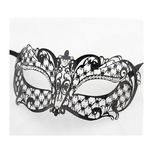 Royal Black Metal Filigree Venetian Mask with Clear Diamonds