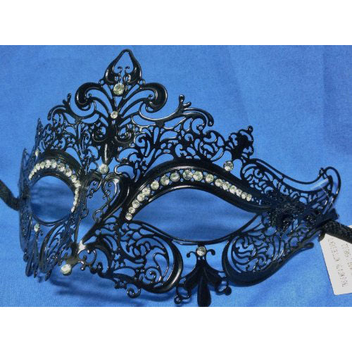 Black Laser Cut Metal Venetian Crown Mask with Crystals