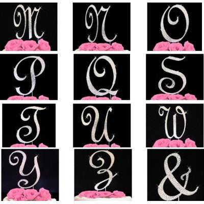 Custom Crystal Monogram Cake Topper with 2 Hearts design Silver Cake Initial A to Z Any Letter