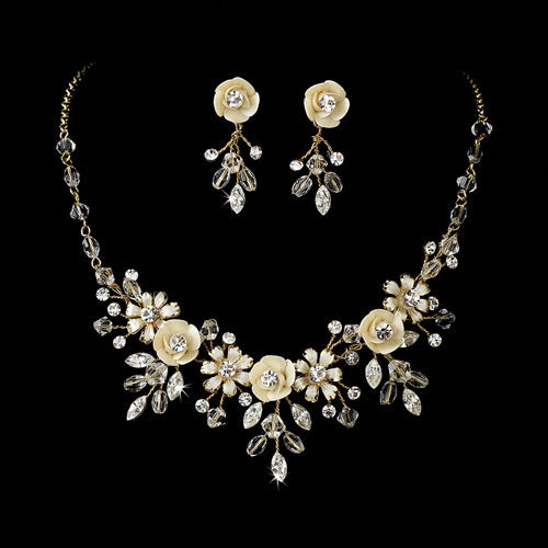 Stunning Floral Design Gold Ivory Necklace Earrings Jewelry Set