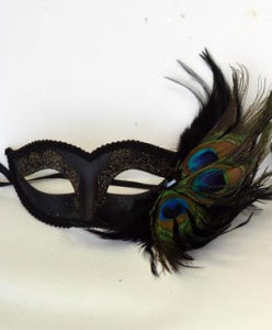 Venetian Glitter Half Moon Party Mask with Peacock Feather - Black