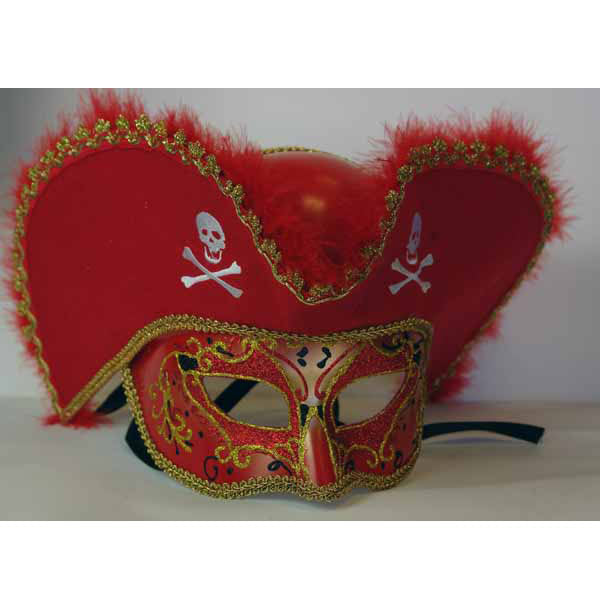 Pirate Hat Red and Gold Venetian Mask Masquerade Mask
