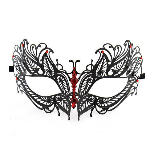 Black Butterfly Metal Laser Cut Masquerade Mask with Red Diamonds