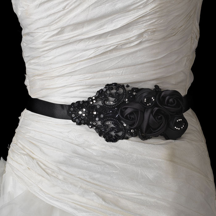 Black Floral Bead & Sequin Bridal Sash Belt