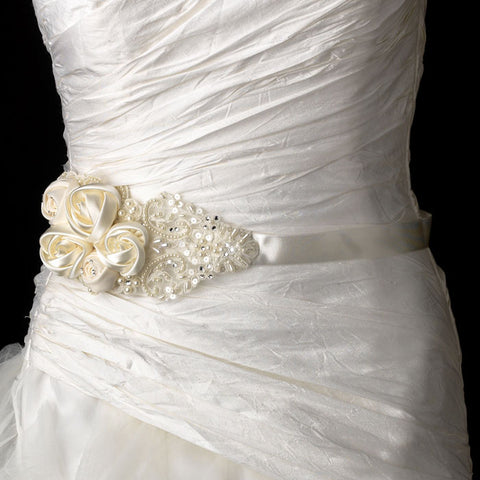 Bridal Sash Belt Intricate Rhinestone & Pearl Beaded Lace Flower