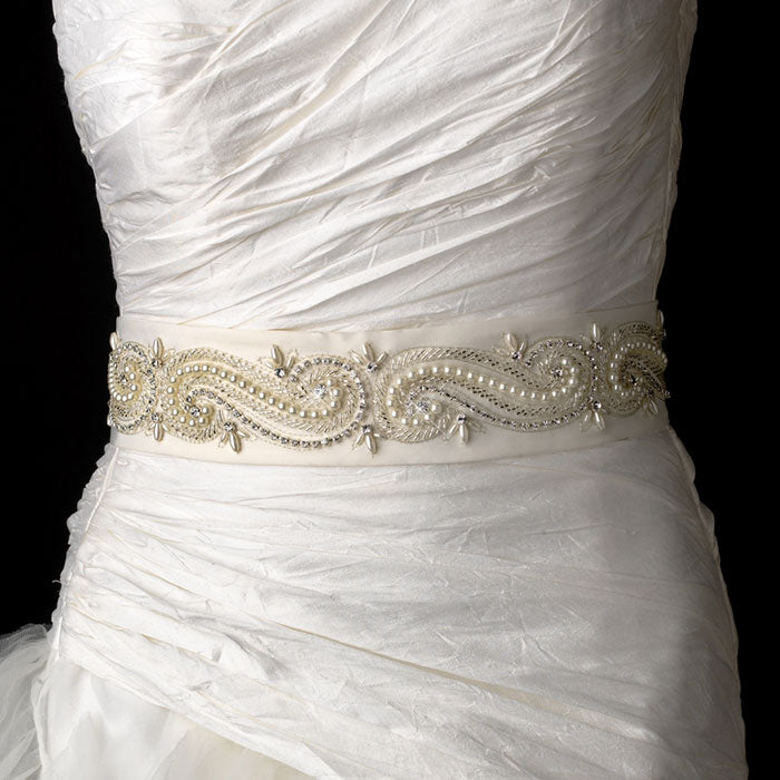 Swirl Design Bridal Sash Belt with Beads Pearls Crystals