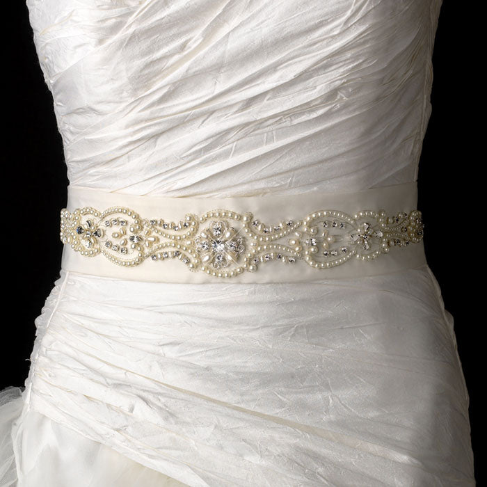 Bridal Sash Belt Pearl & Rhinestone Accented Belt