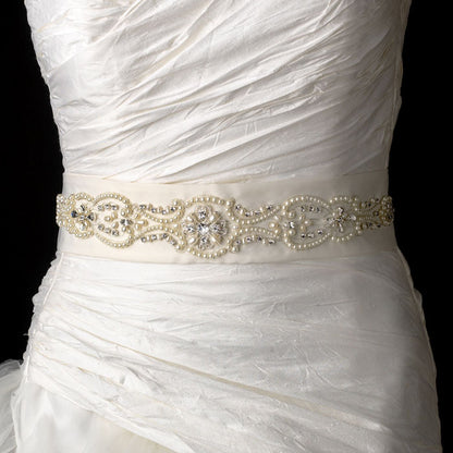 Bridal Sash Belt Pearl & Rhinestone Accented Belt