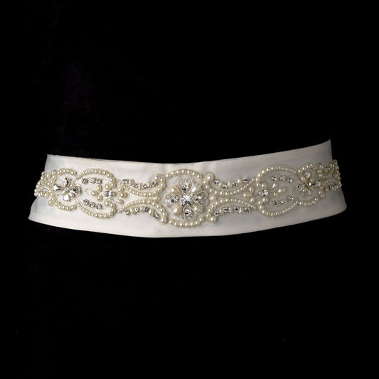 Bridal Sash Belt Pearl & Rhinestone Accented Belt
