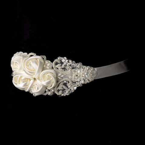 Bridal Sash Belt Intricate Rhinestone & Pearl Beaded Lace Flower
