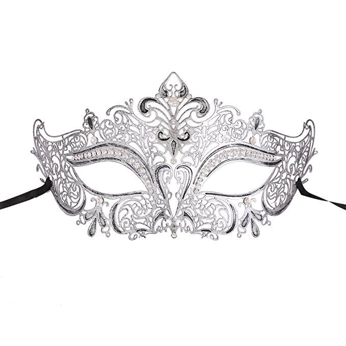 Silver Metal laser Cut Venetian Masquerade Mask with Diamonds