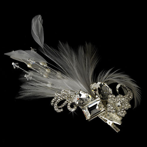 Rhinestone Floral Galore Feather Hair Clip Bridal Brooch White or Ivory