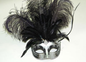 Silver Venetian Mask with Black Feather and Jewel