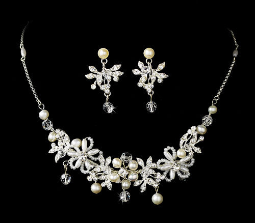 Floral Design Silver Ivory Necklace Earrings Jewelry Set