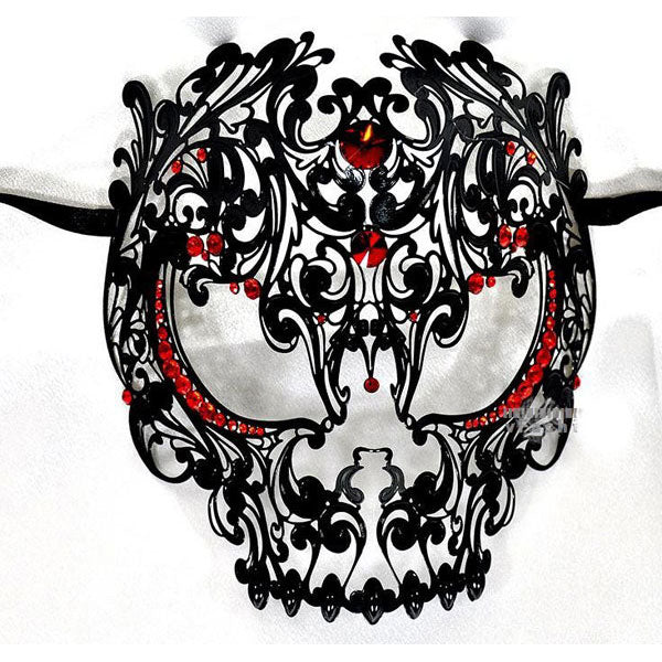 Men Devil Skull Laser Cut Metal Masquerade Mask Black with Red Crystals