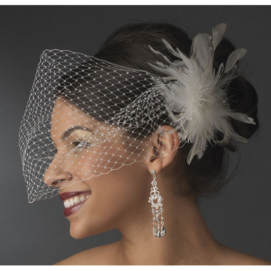 Bridal Cage Veil Feather Accent Clip (White or Ivory)