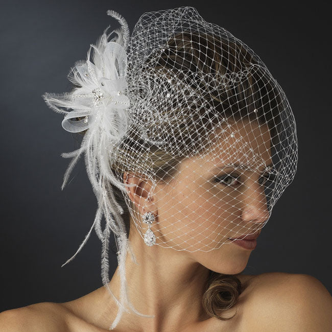 Jeweled Feather Fascinator with Russian Veil (White or Ivory)