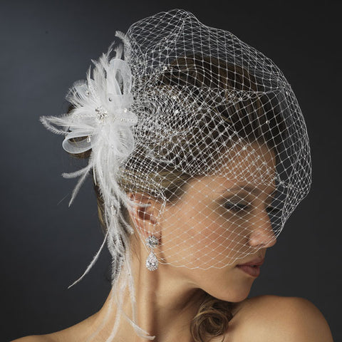 Jeweled Feather Fascinator with Russian Veil (White or Ivory)