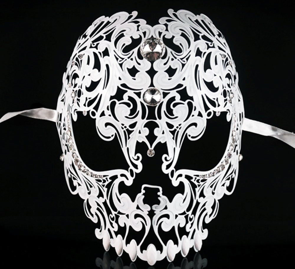 Men Devil Skull Laser Cut Metal Masquerade Mask White Color